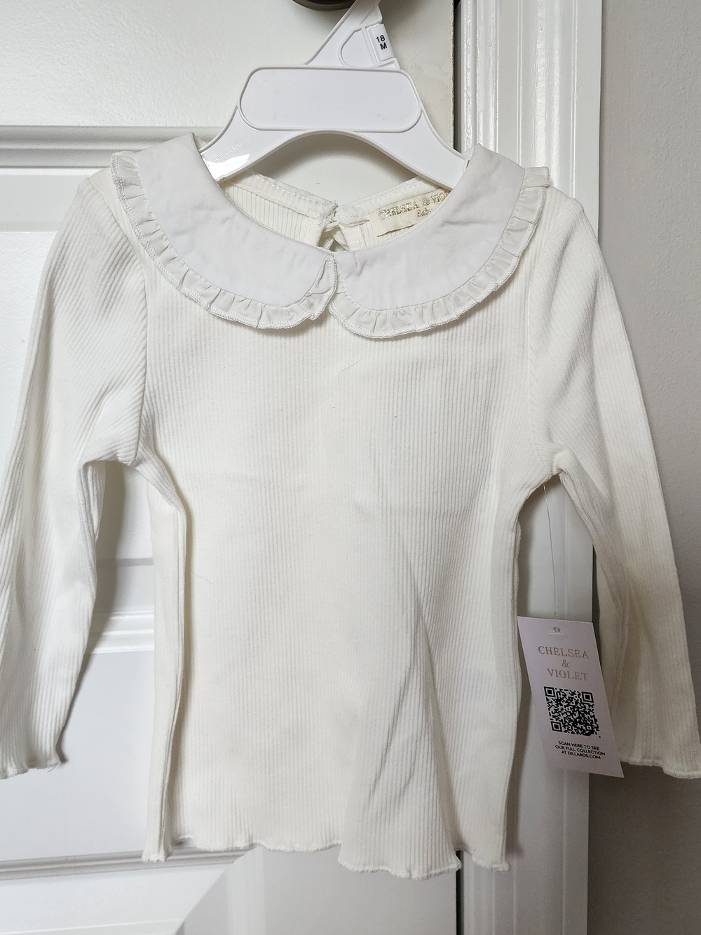 Chelsea & Violet White Long-Sleeve Ribbed Top with Ruffle Peter Pan Collar
